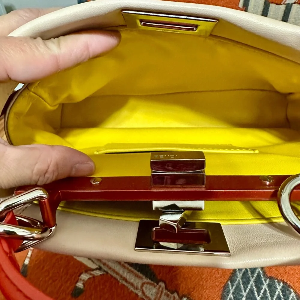 Fendi Peekaboo Cream/blush Leather Satchel with Red Handle and Silver Hardware